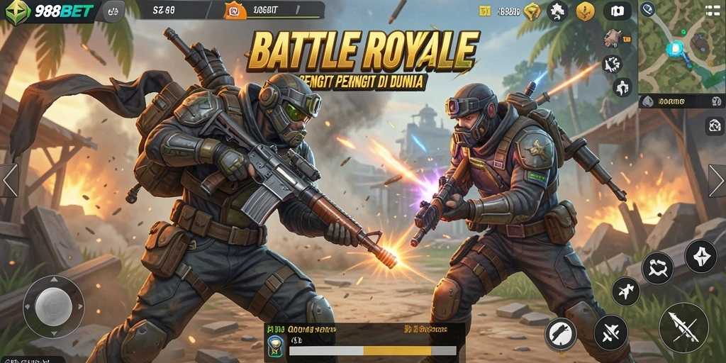 Screenshot 988BET menampilkan momen seru dalam pertempuran Battle Royale.