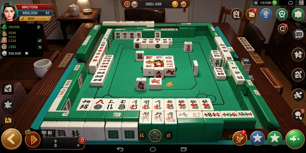 Screenshot gameplay BIRUTOTO menunjukkan suasana permainan Mahjong yang mengasyikkan.
