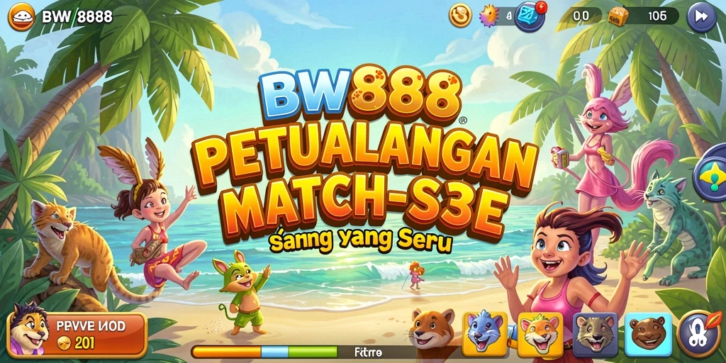 Tangkapan layar gameplay BW888 menunjukkan kombinasi warna cerah dan tantangan Match-3.