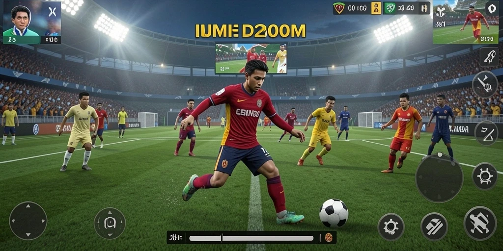 Screenshot D200M menampilkan aksi mendebarkan saat mencetak gol sepak bola.