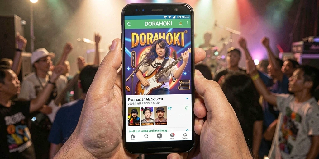 Tampilan permainan DORAHOKI yang mendebarkan dengan efek musik interaktif.