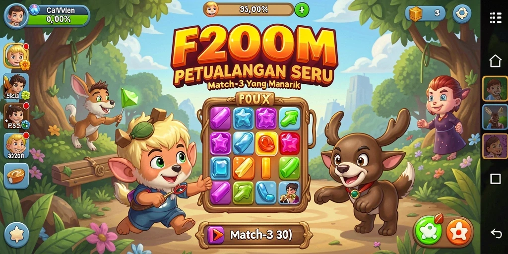 Tampilan gameplay F200M dengan level Match-3 yang menantang.
