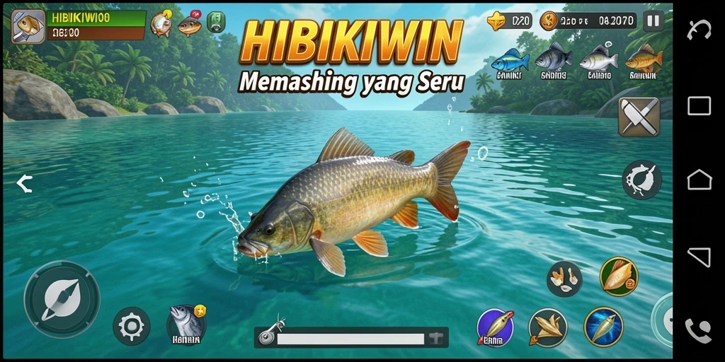 Screenshot gameplay HIBIKIWIN yang menunjukkan aksi memancing seru.