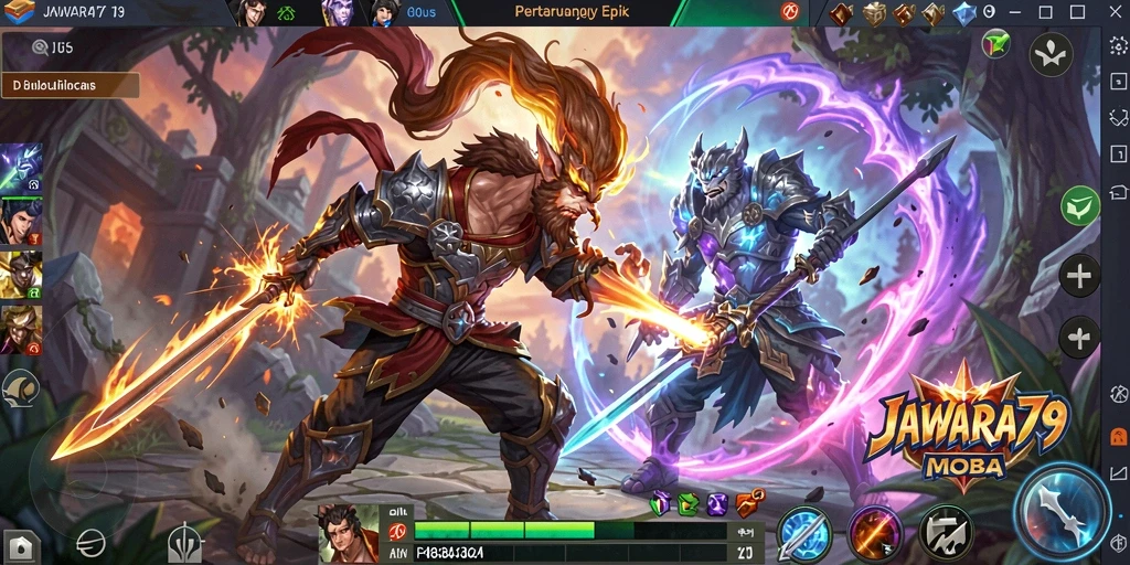 Screenshot gameplay JAWARA79 dengan pertarungan seru dan karakter unik.
