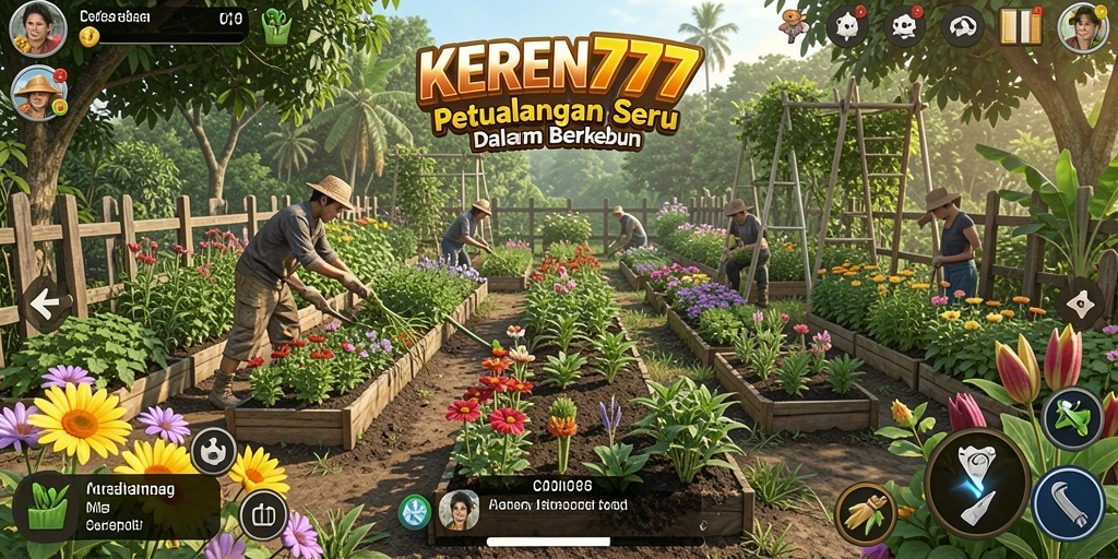Tampilan gameplay KEREN777 dengan kebun yang indah dan tanaman yang subur.