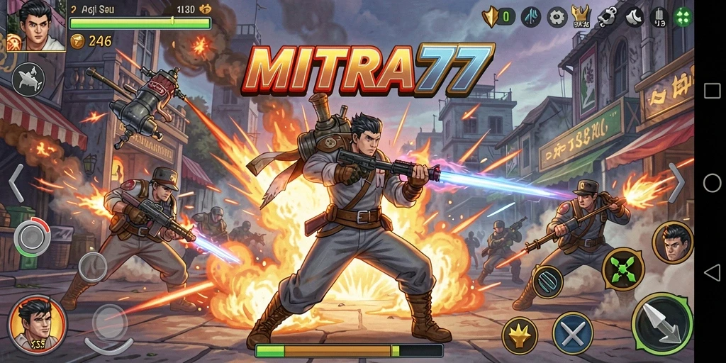 Tampilan gameplay seru dengan aksi pertarungan yang mendebarkan di MITRA77.
