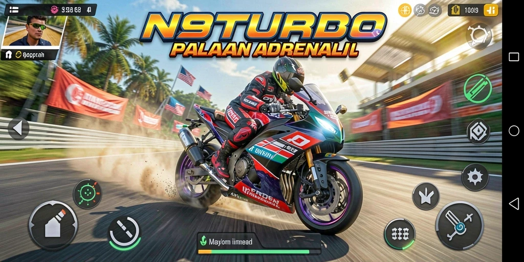 Screenshot gameplay N9TURBO dengan balapan motor yang mendebarkan.