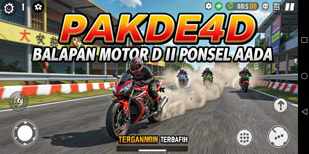 Screenshot utama PAKDE4D menampilkan aksi balapan motor yang seru dan penuh kecepatan.
