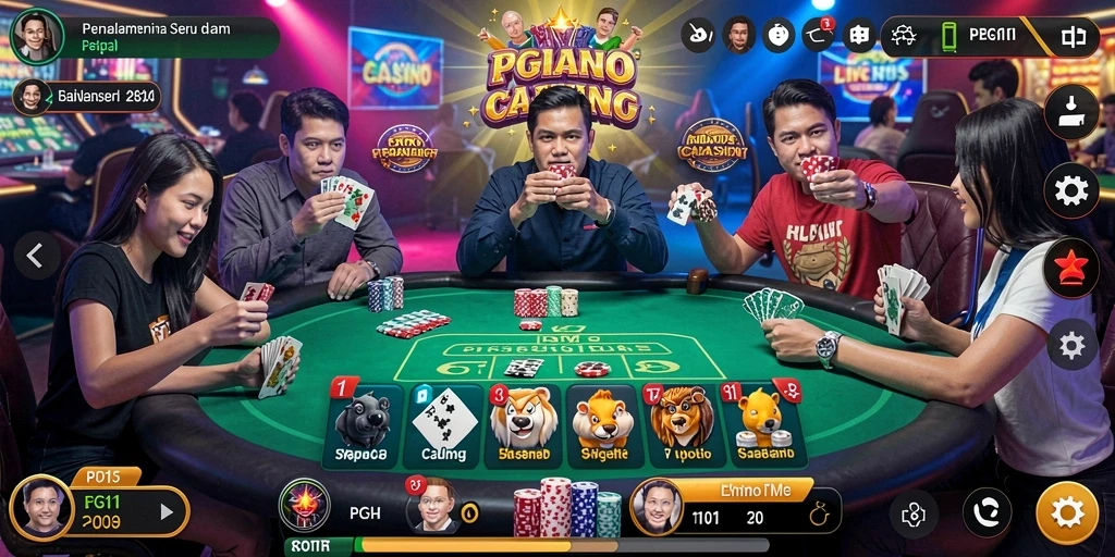 Screenshot PG11 menunjukkan dealer yang ramah dan suasana kasino yang menarik.
